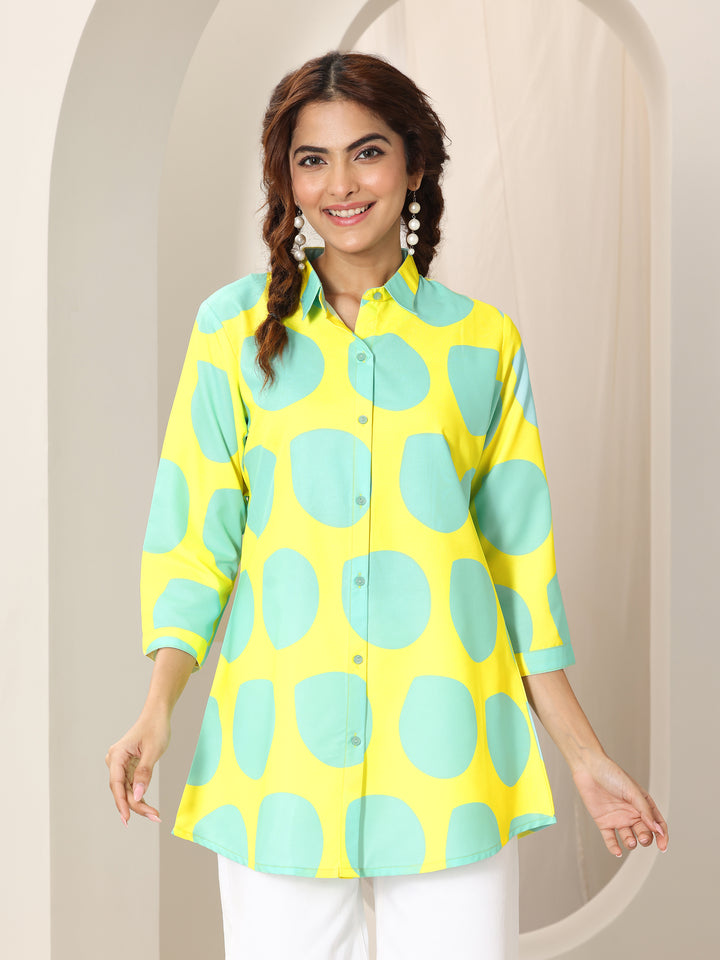Yellow Printed Rayon  Short Kurti