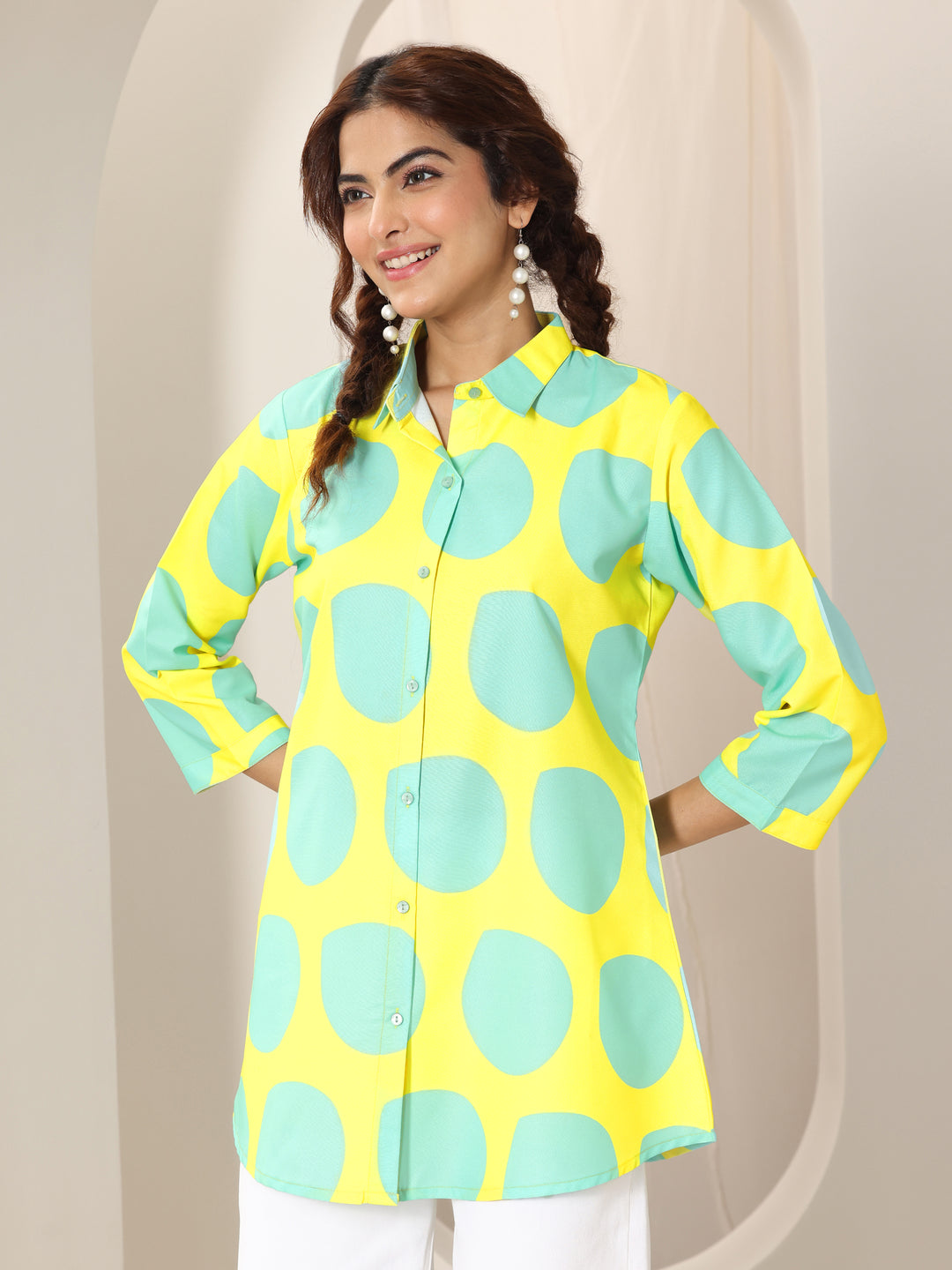 Yellow Printed Rayon  Short Kurti