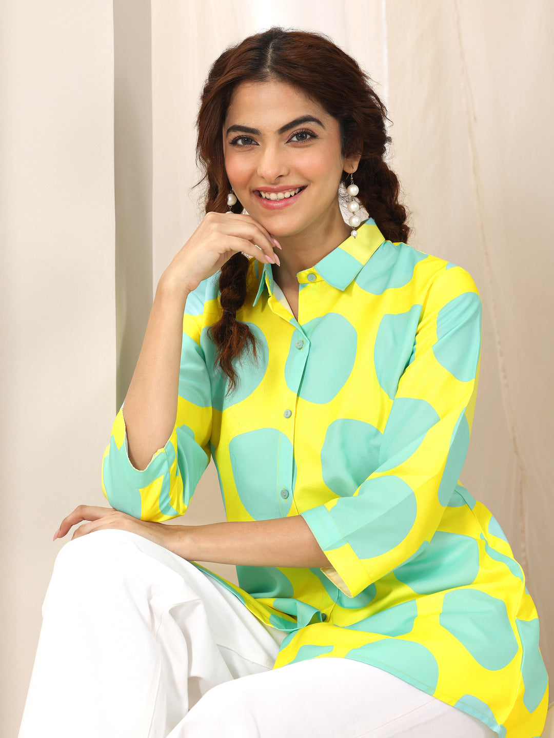 Yellow Printed Rayon  Short Kurti
