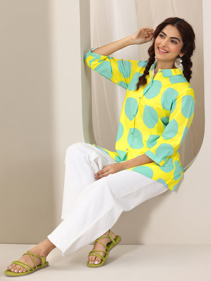 Yellow Printed Rayon  Short Kurti
