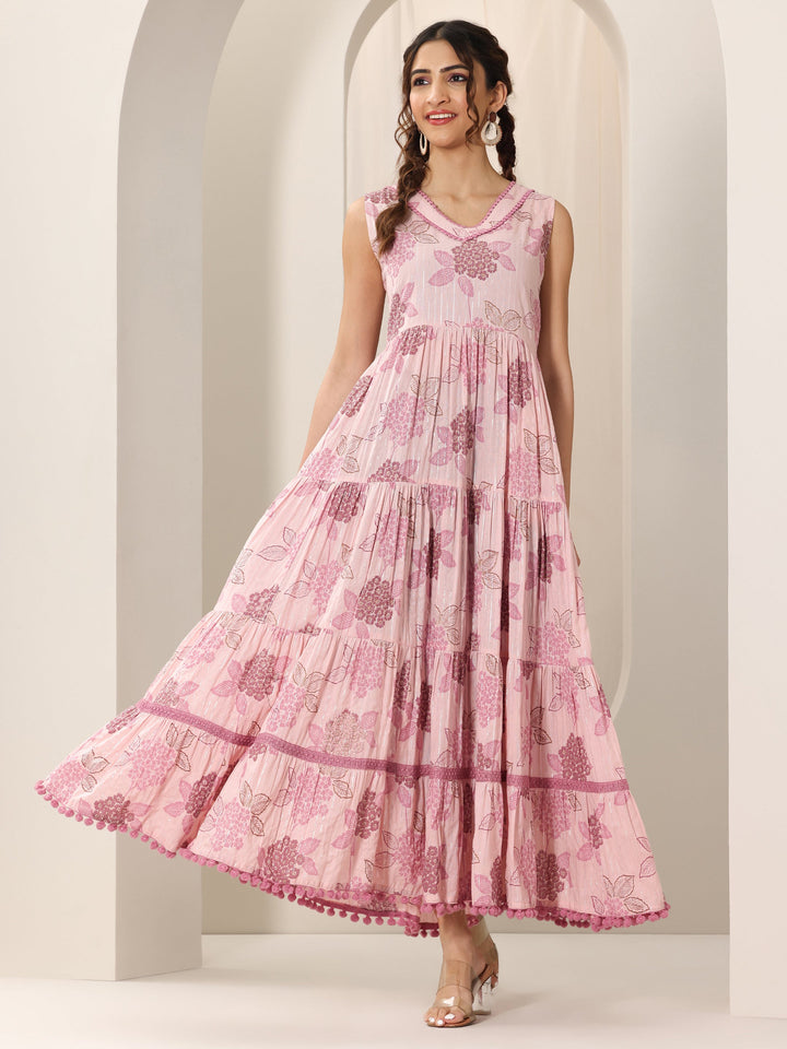 Mauve Printed Cotton Fit and Flare One Piece Dress