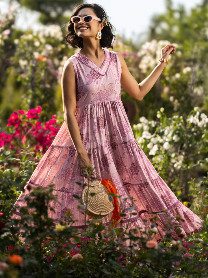 Mauve Printed Cotton Fit and Flare One Piece Dress