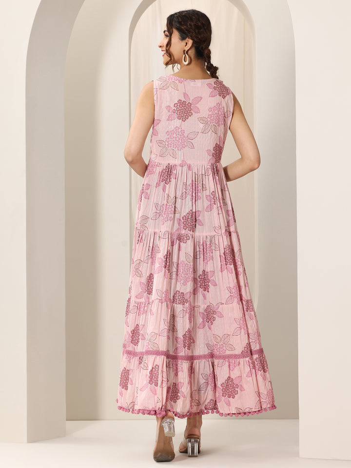 Mauve Printed Cotton Fit and Flare One Piece Dress