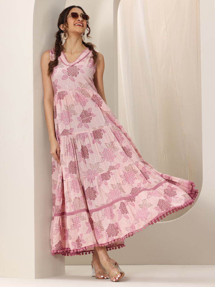 Mauve Printed Cotton Fit and Flare One Piece Dress