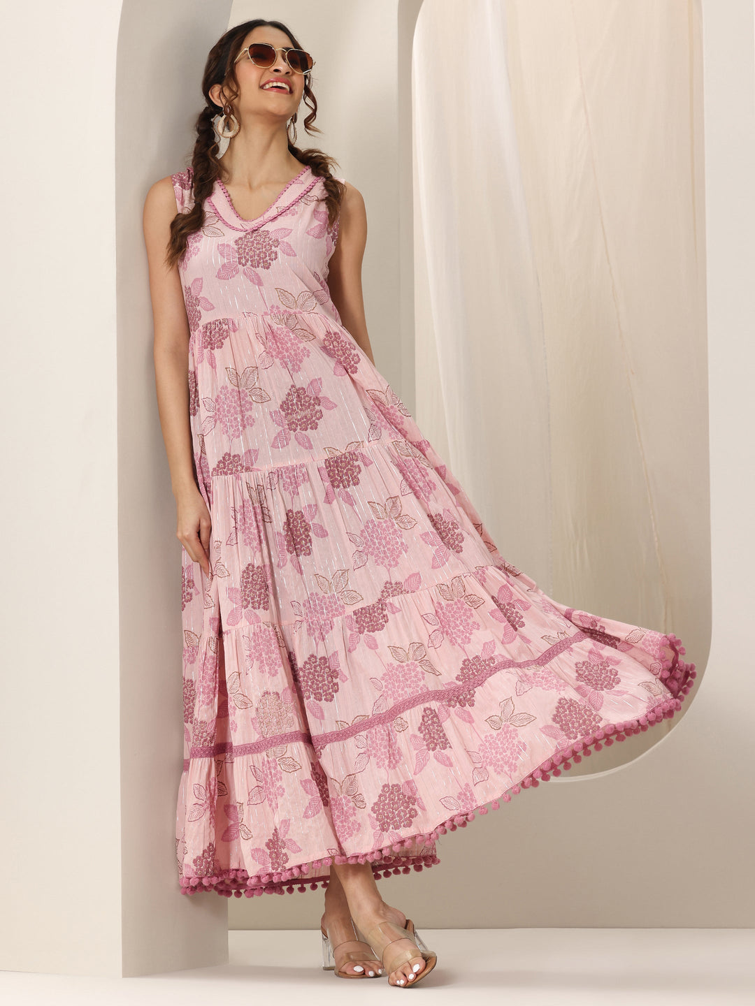 Mauve Printed Cotton Fit and Flare One Piece Dress