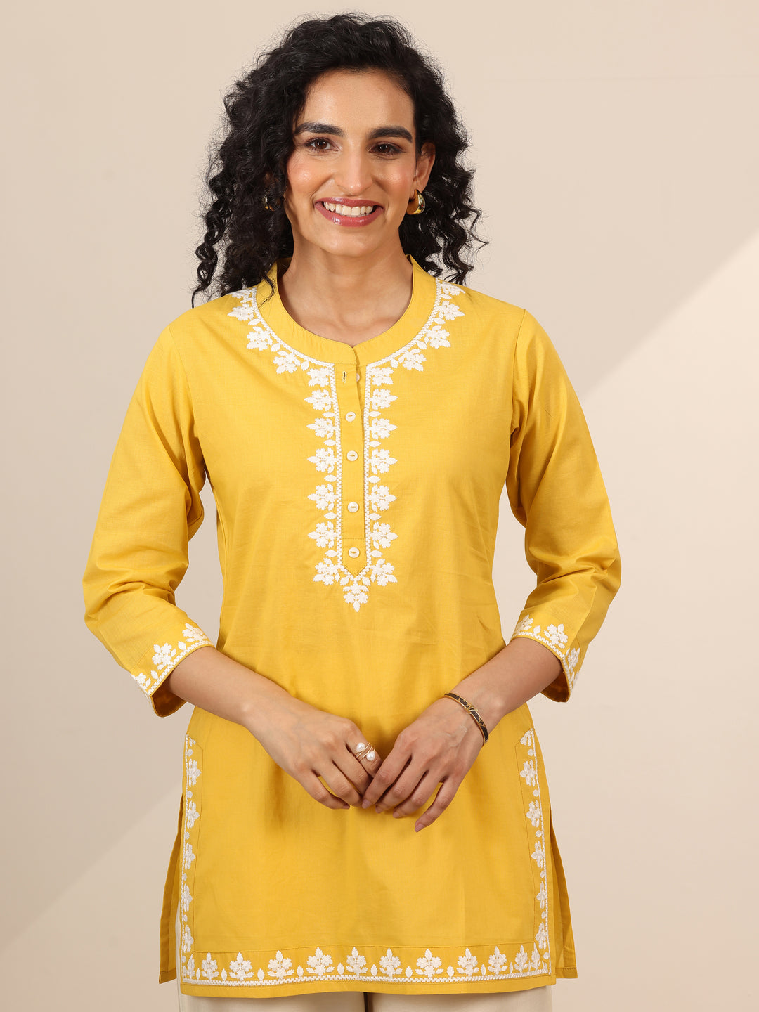 Yellow Embroidered Cotton Straight Short Kurti