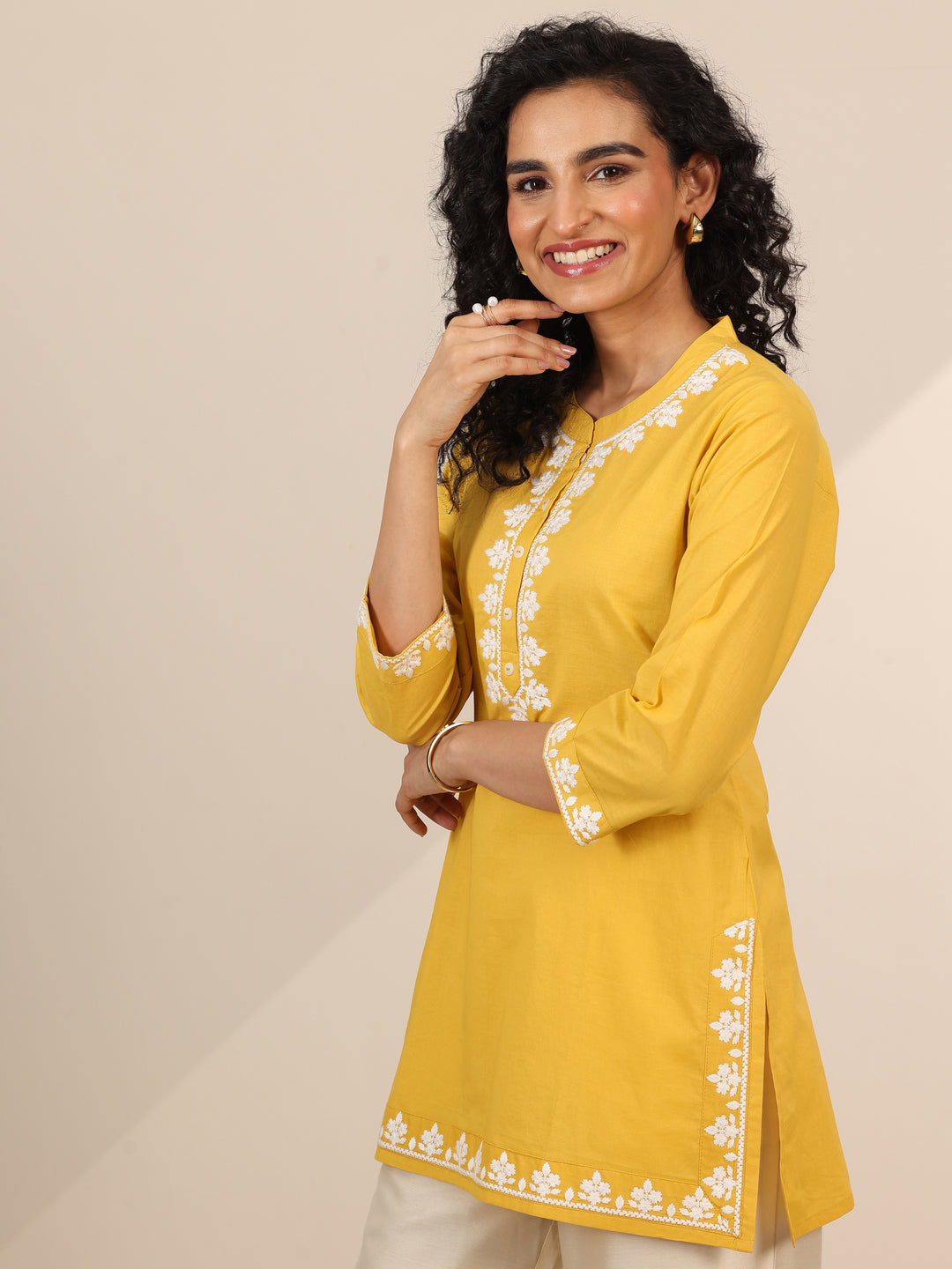 Yellow Embroidered Cotton Straight Short Kurti