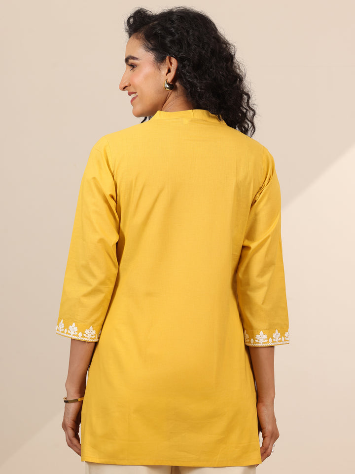 Yellow Embroidered Cotton Straight Short Kurti