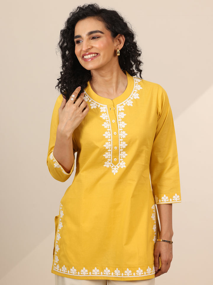 Yellow Embroidered Cotton Straight Short Kurti