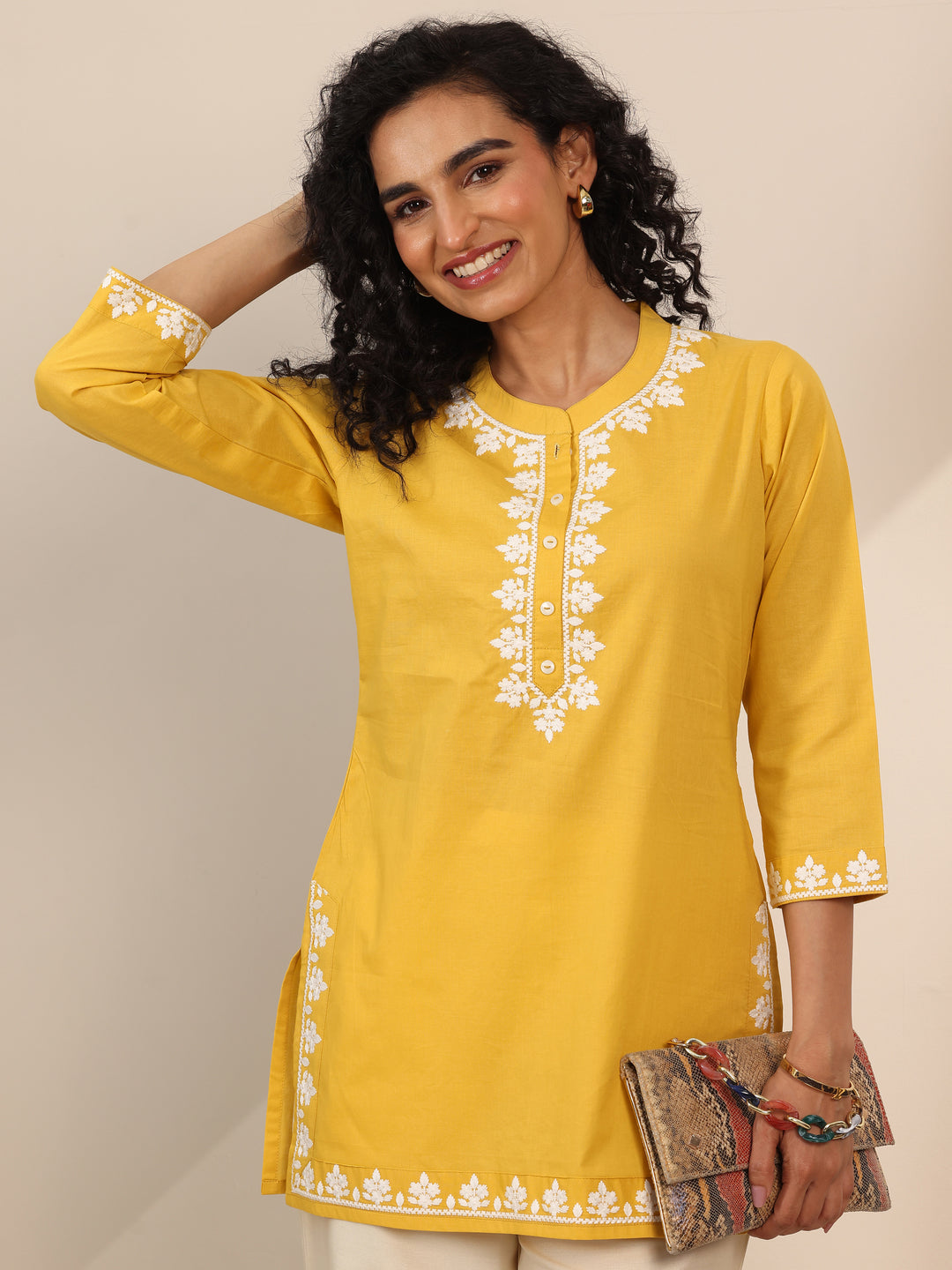 Yellow Embroidered Cotton Straight Short Kurti