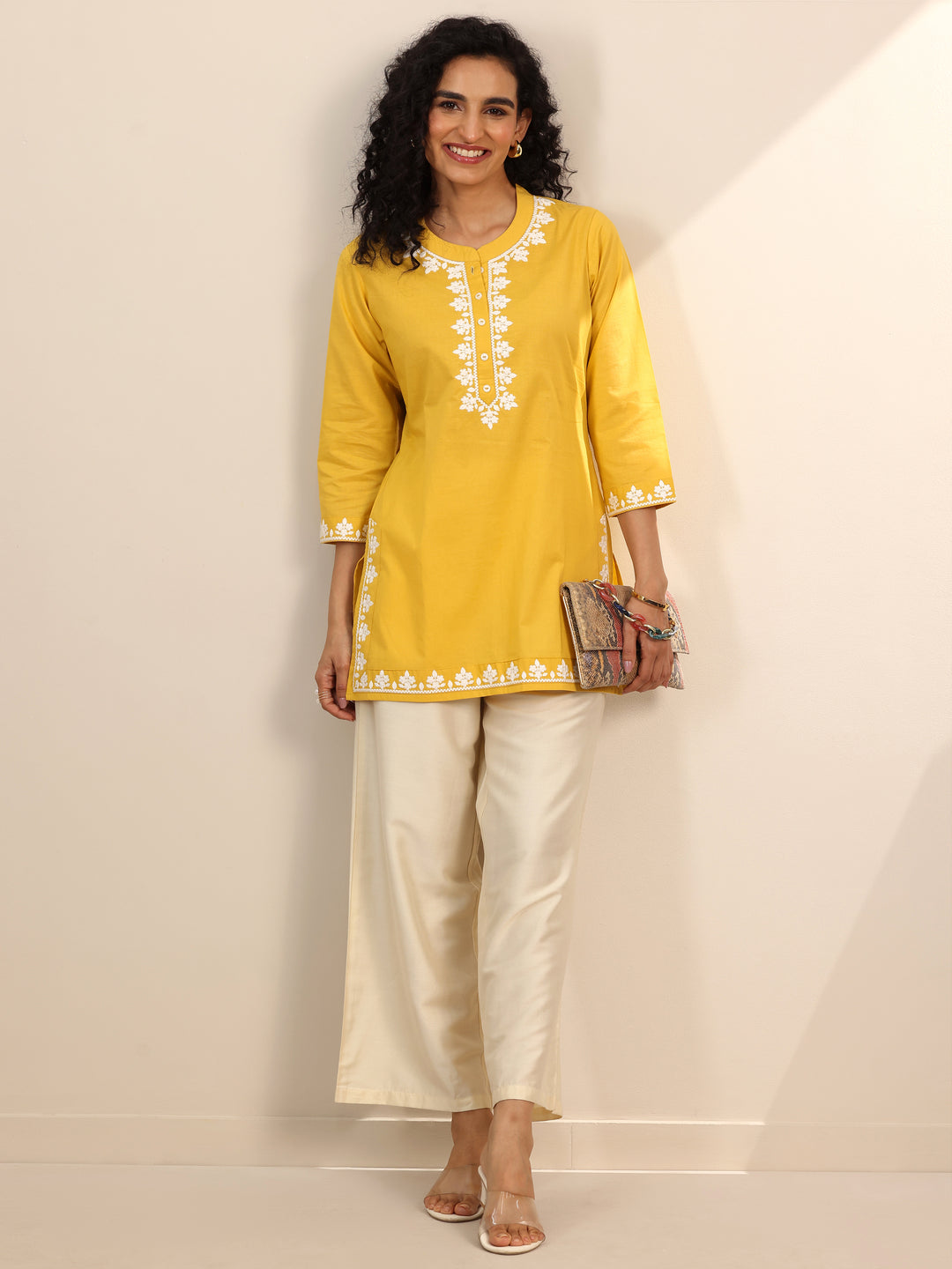 Yellow Embroidered Cotton Straight Short Kurti