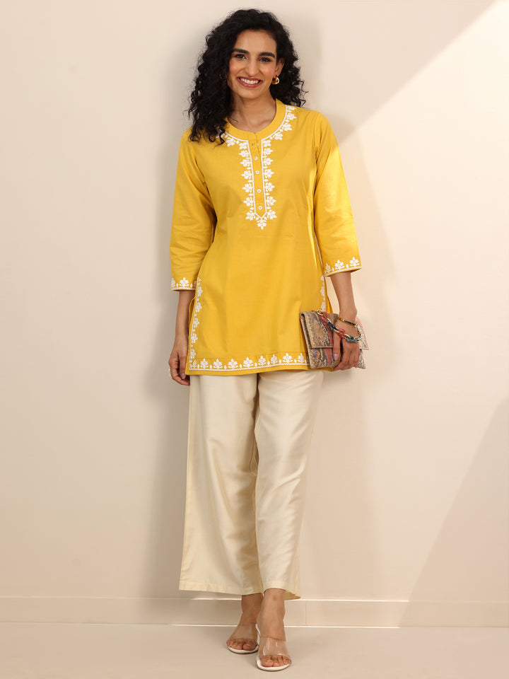 Yellow Embroidered Cotton Straight Short Kurti