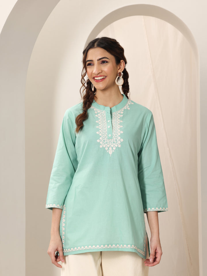 Green Embroidered Cotton Straight Short Kurti
