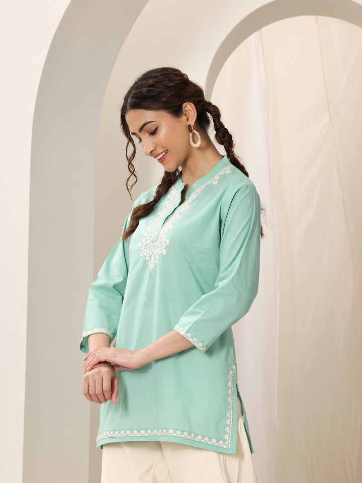 Green Embroidered Cotton Straight Short Kurti