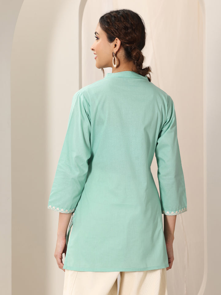 Green Embroidered Cotton Straight Short Kurti