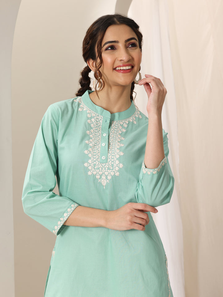 Green Embroidered Cotton Straight Short Kurti