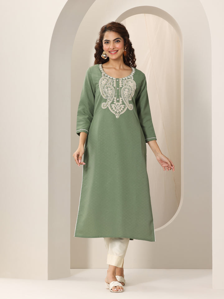Green Yoke Design Cotton Blend Straight Kurta