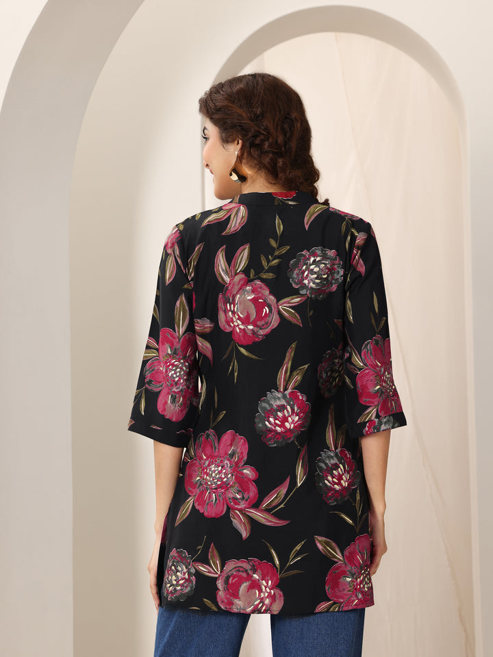 Black Printed Silk Blend Straight Short Kurti