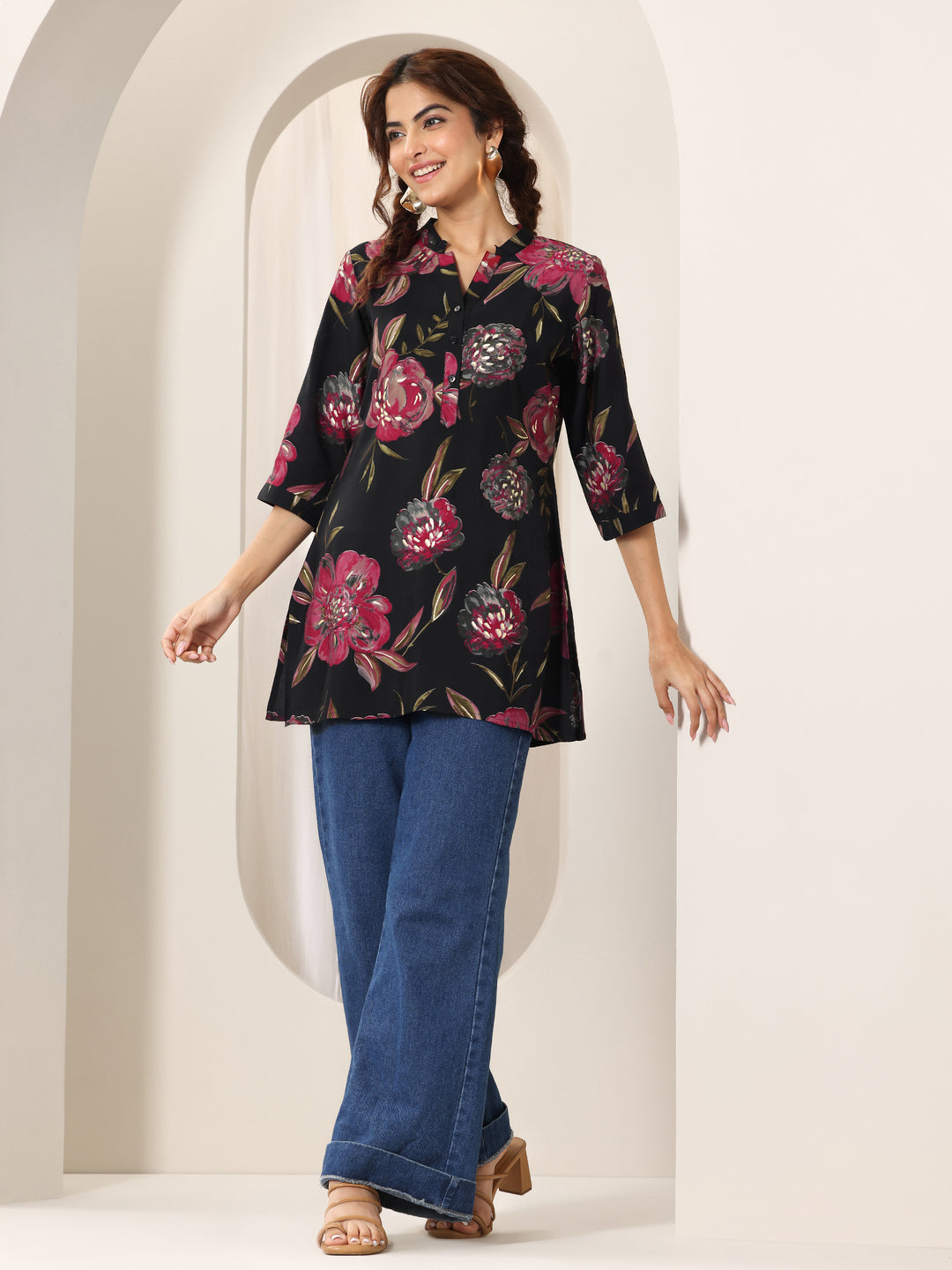Black Printed Silk Blend Straight Short Kurti