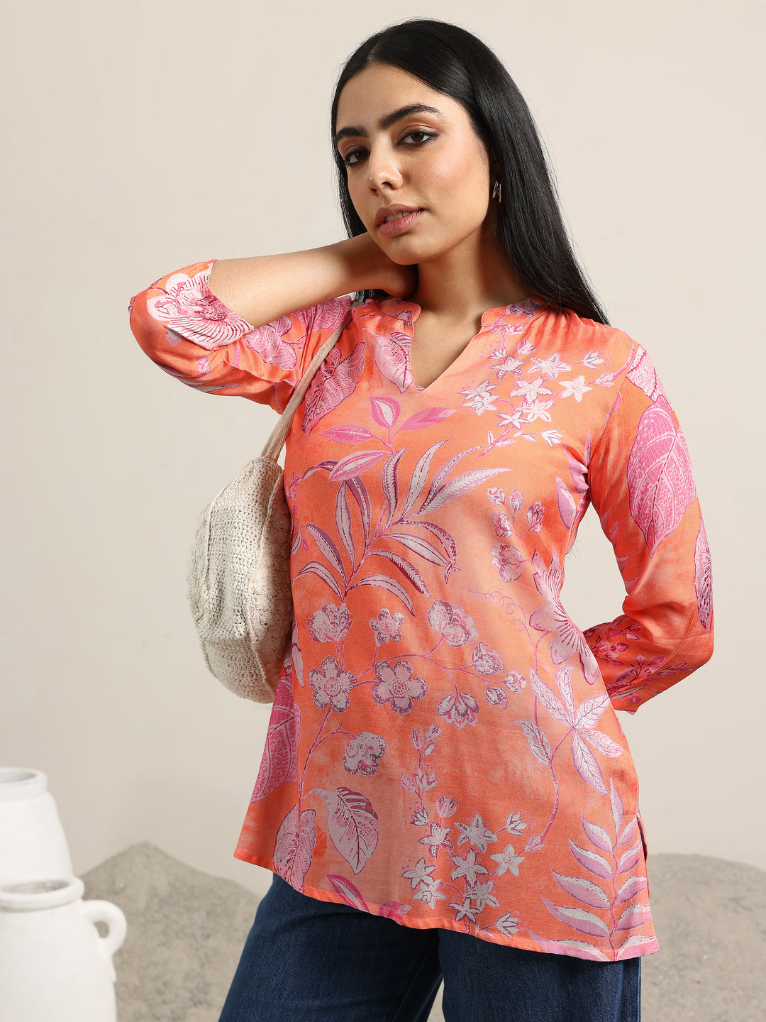 Orange Printed Silk Blend Straight Tunic