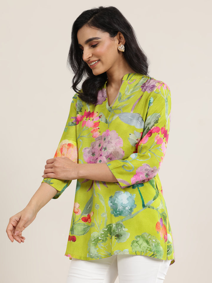 Green Printed Silk Blend  Short Kurti