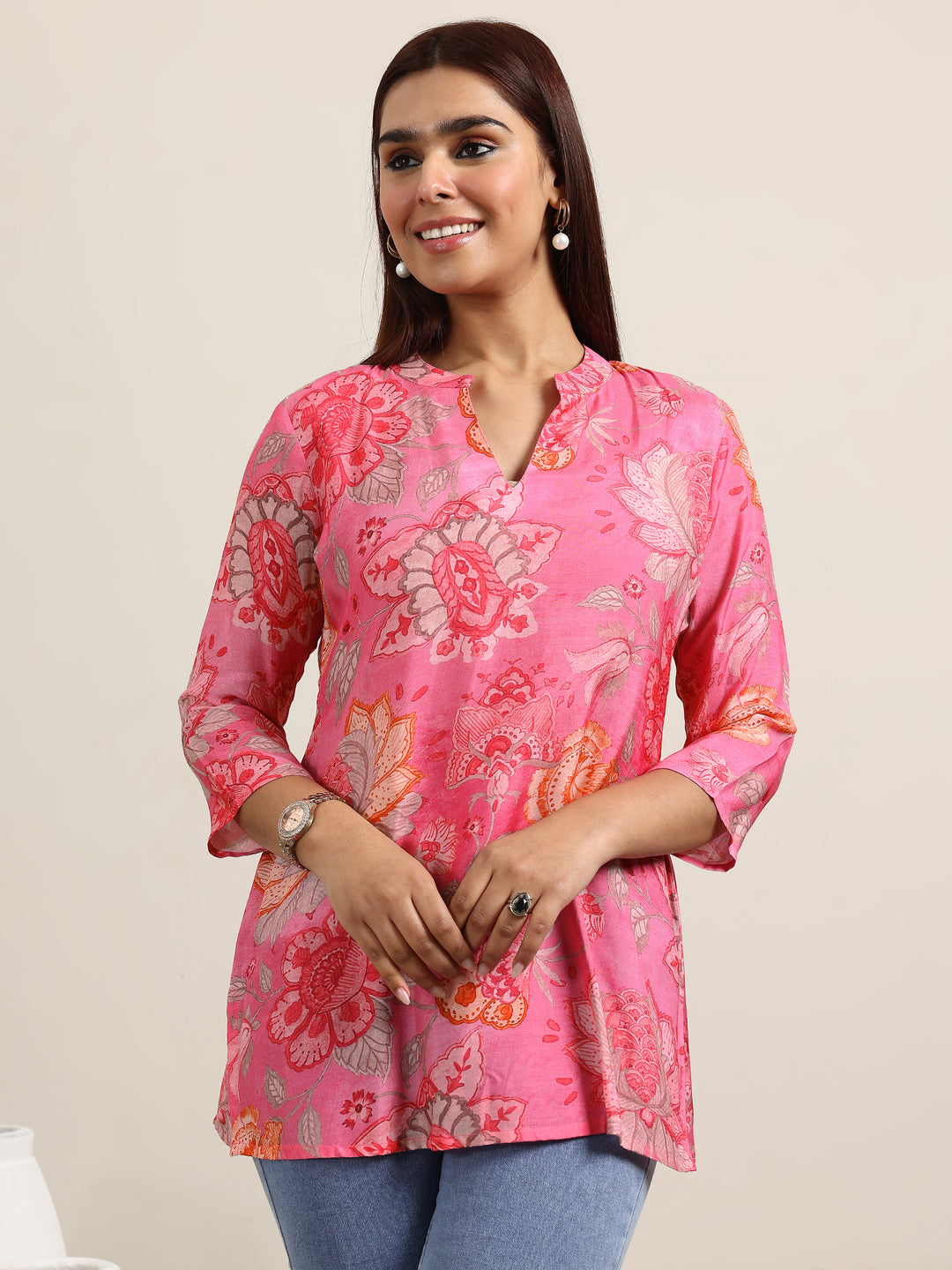 Pink Printed Silk Blend Straight Tunic