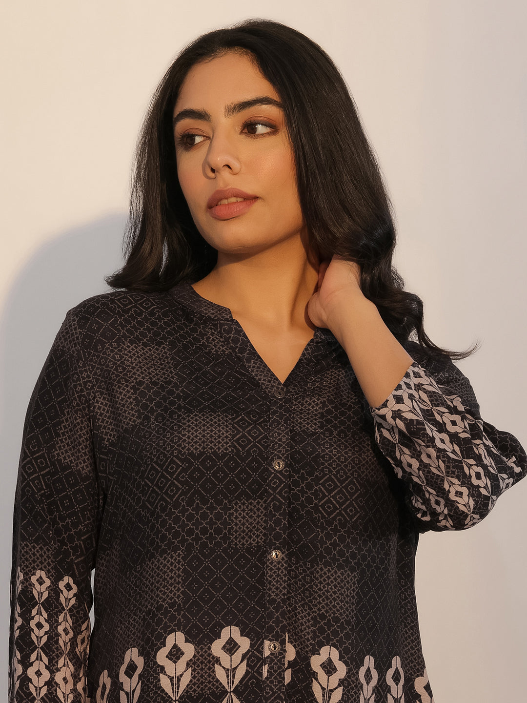 Black Printed Silk Blend Tunic