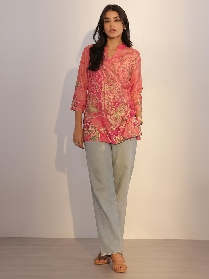 Peach Printed Silk Blend Tunic