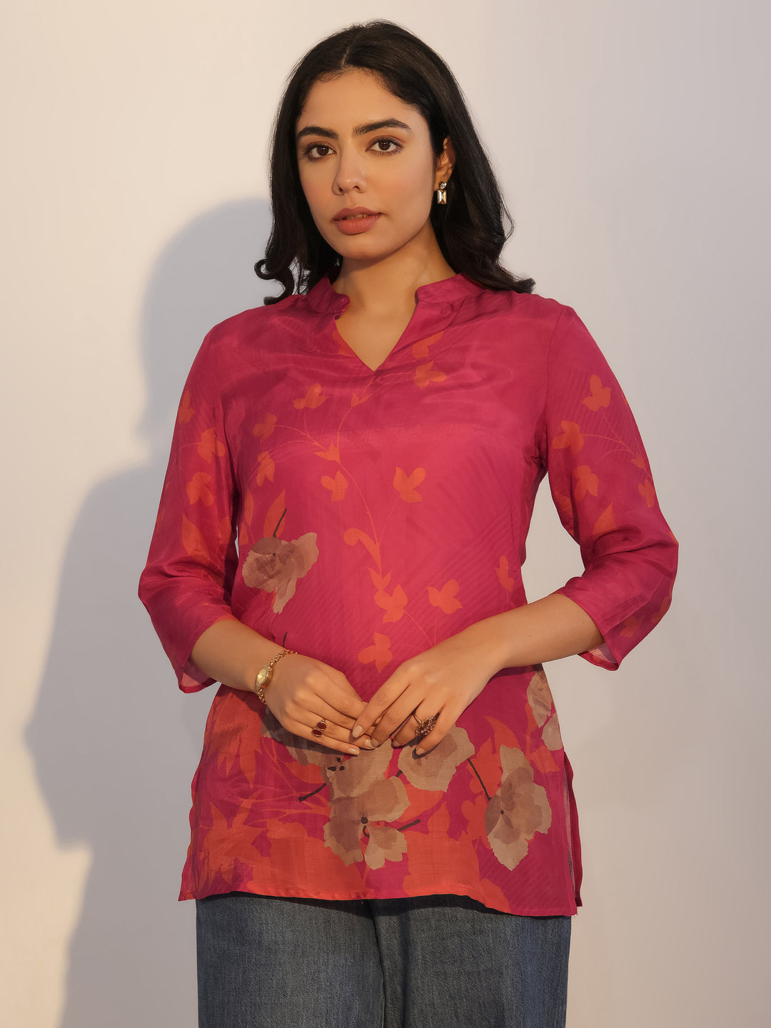 Red Printed Silk Blend Tunic