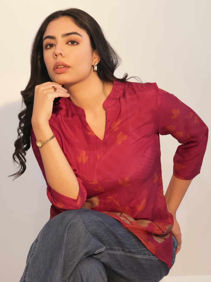 Red Printed Silk Blend Tunic