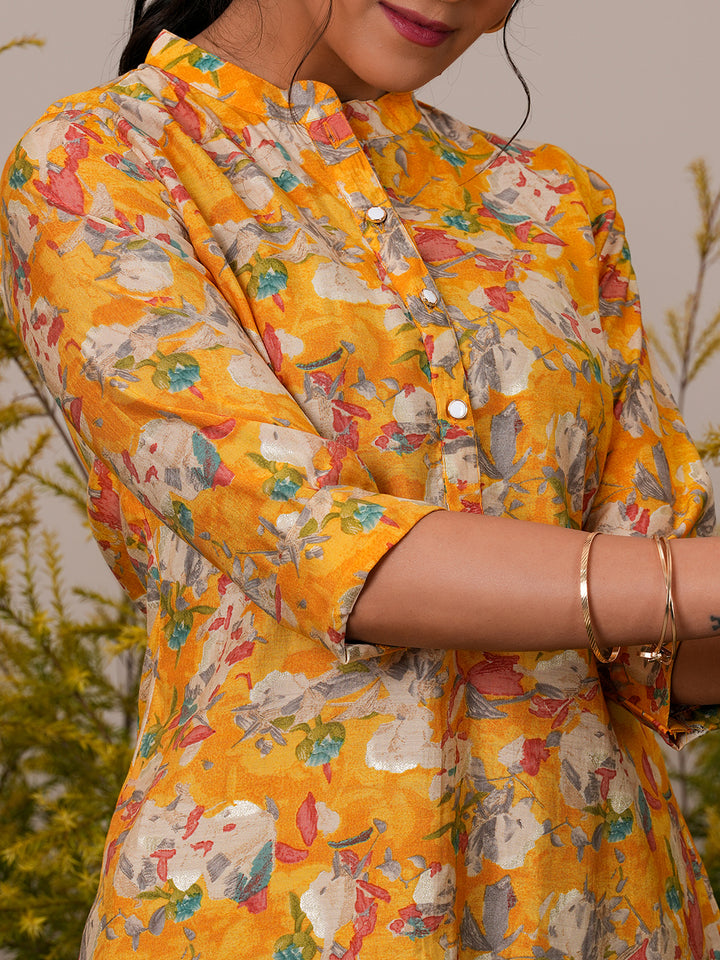 Yellow Printed Silk Blend A-Line Kurti