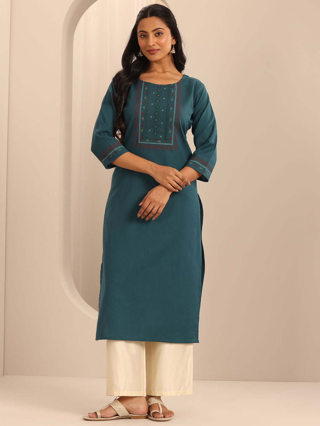Teal Printed Cotton Blend Straight Kurta