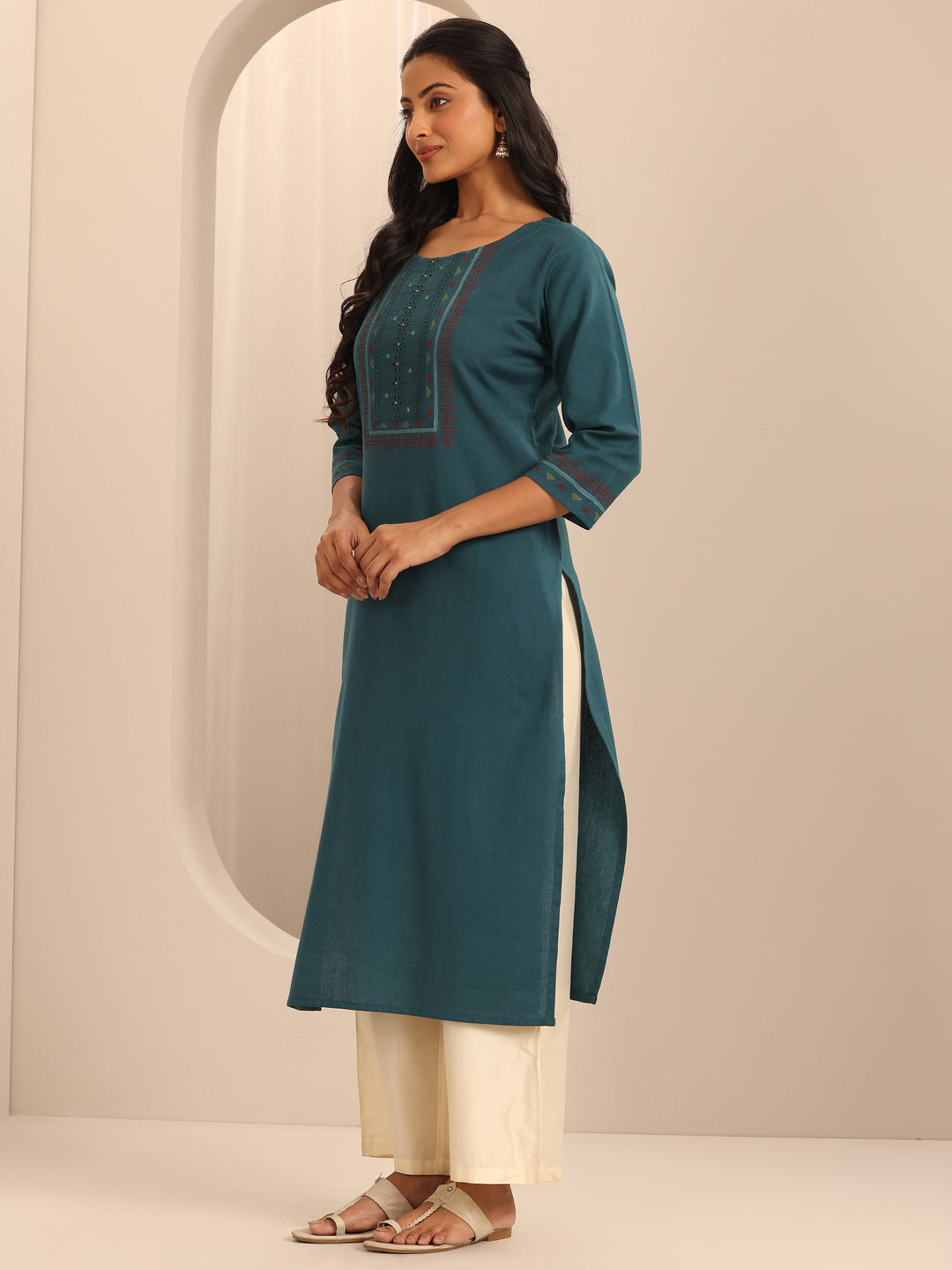 Teal Printed Cotton Blend Straight Kurta