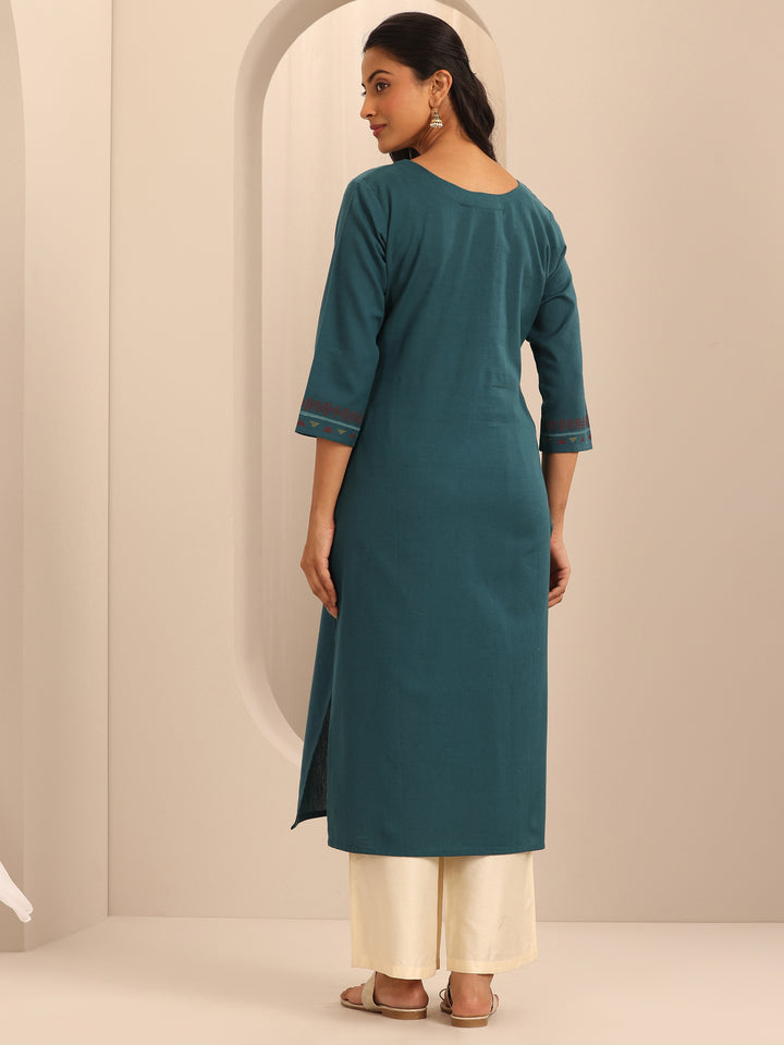 Teal Printed Cotton Blend Straight Kurta