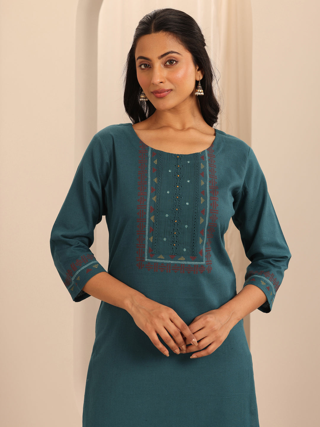 Teal Printed Cotton Blend Straight Kurta