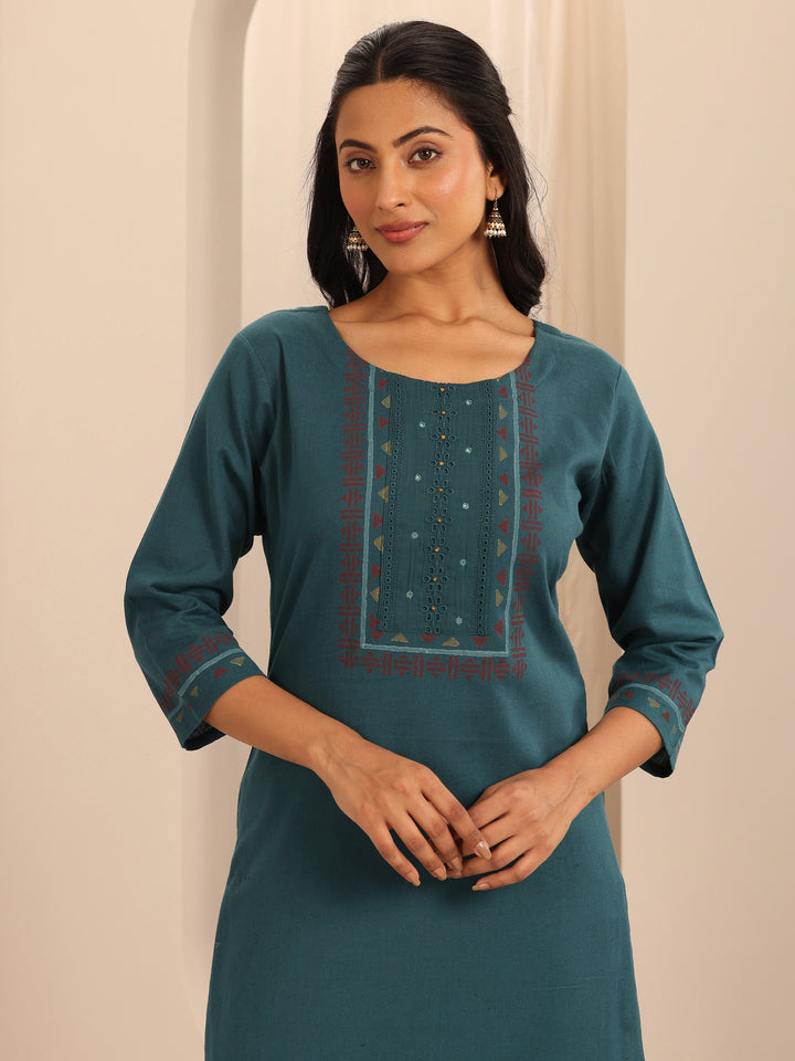 Teal Printed Cotton Blend Straight Kurta