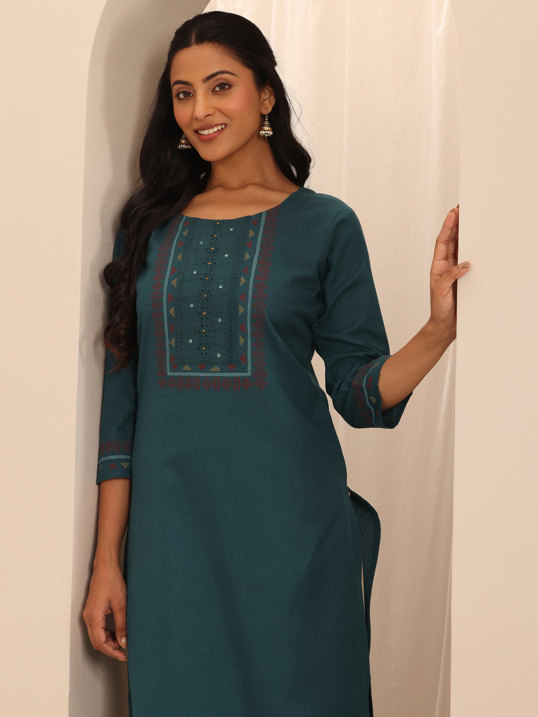 Teal Printed Cotton Blend Straight Kurta