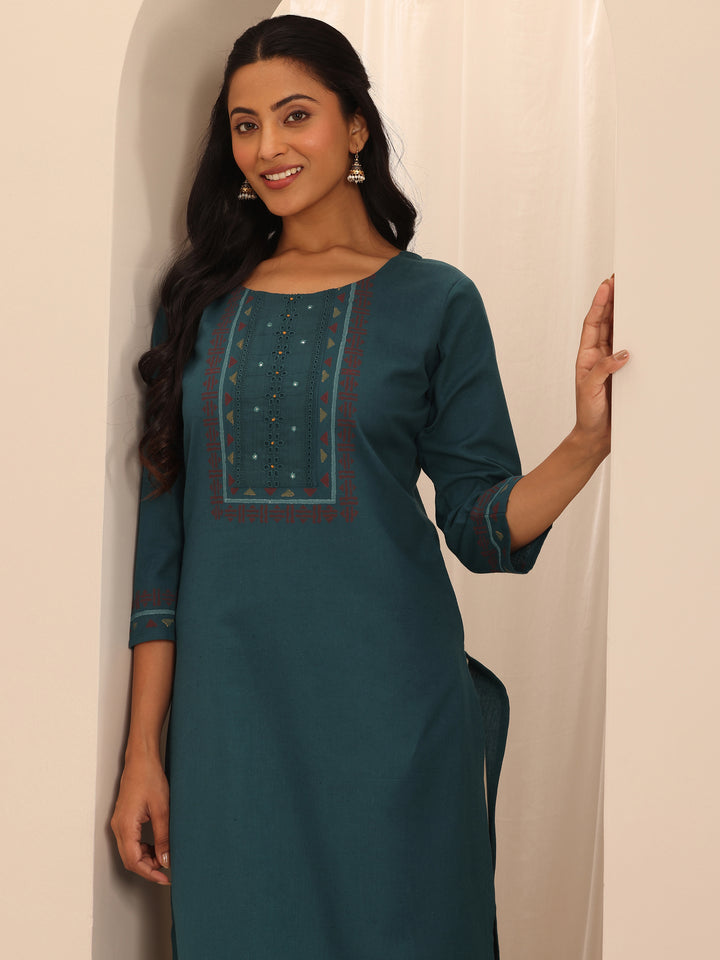 Teal Printed Cotton Blend Straight Kurta