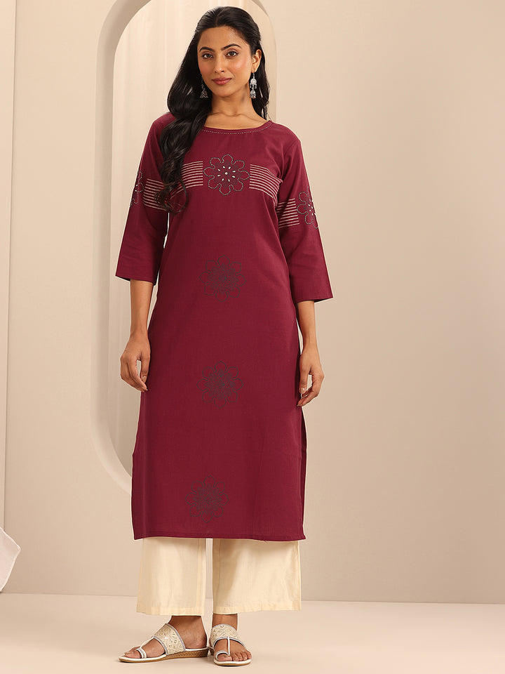 Red Printed Cotton Blend Straight Kurta