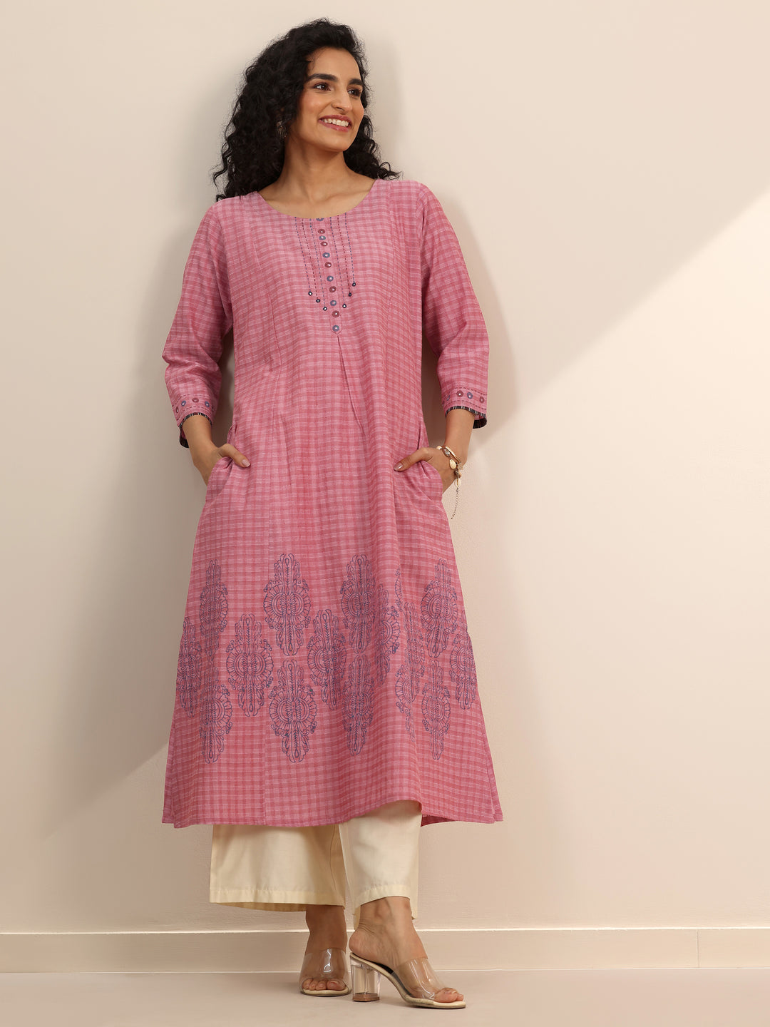 Coral Printed Cotton Blend A-Line Kurta