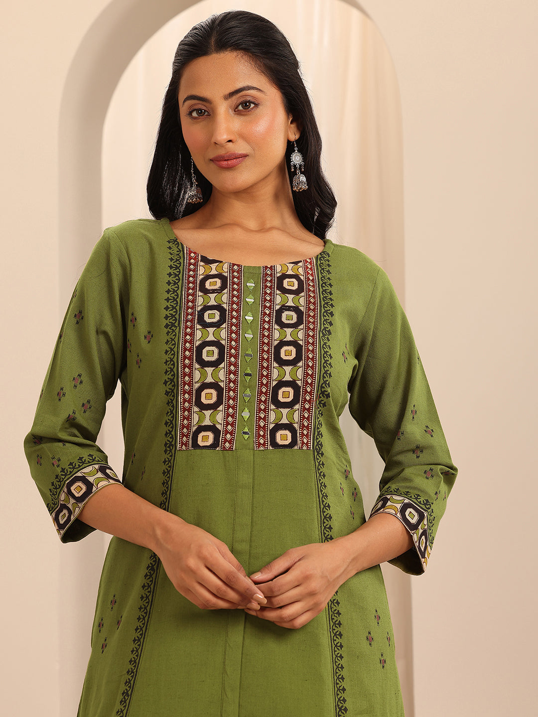 Olive Printed Cotton Blend A-Line Kurta