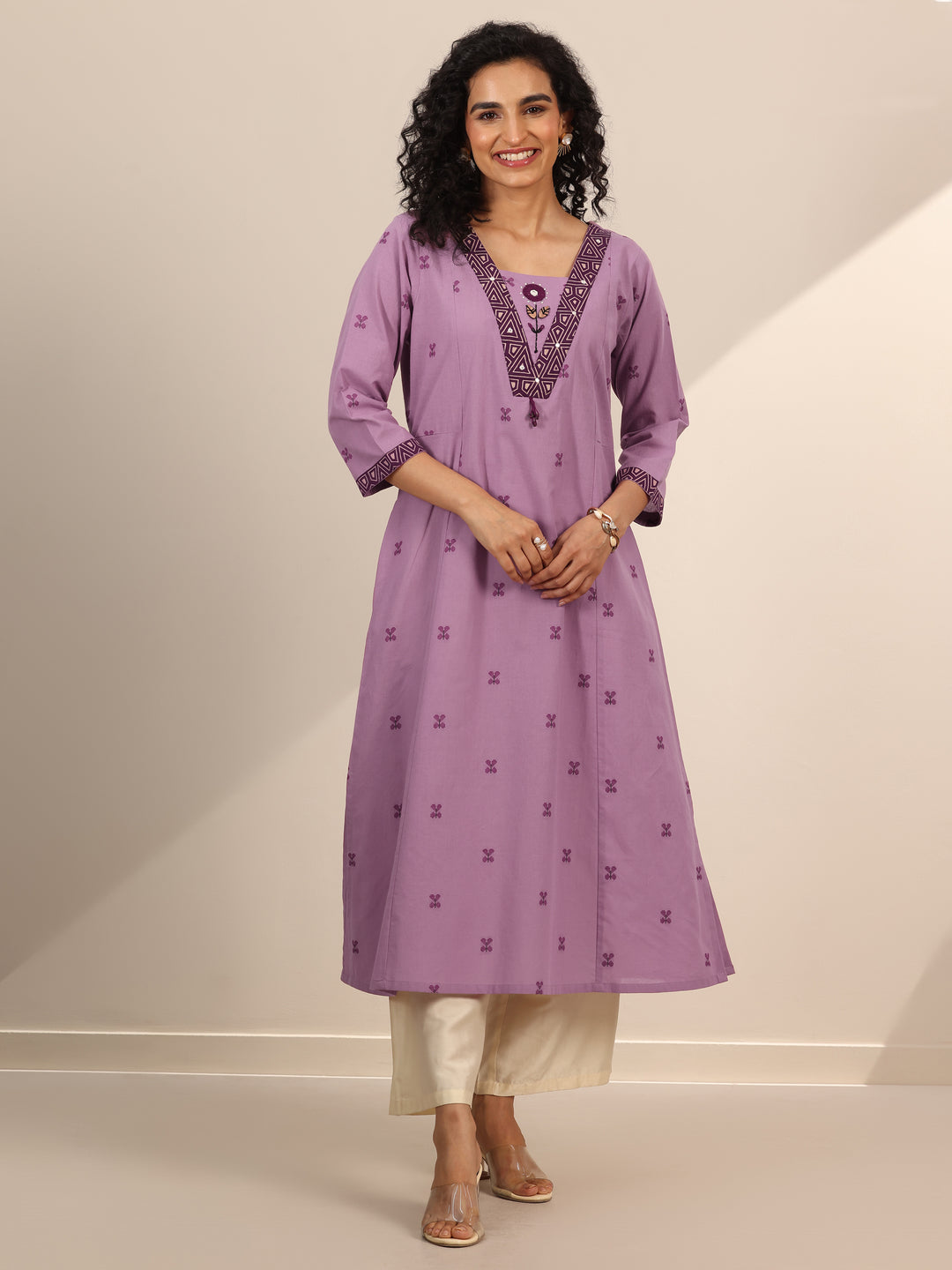 Lavender Woven Cotton Blend A-Line Kurta