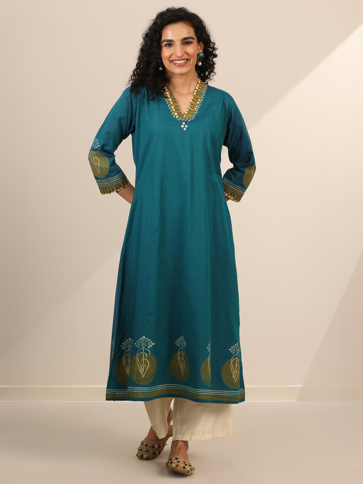Teal Printed Cotton Blend A-Line Kurta