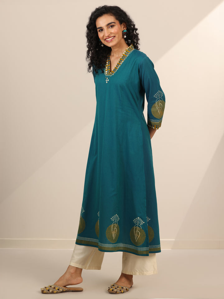 Teal Printed Cotton Blend A-Line Kurta