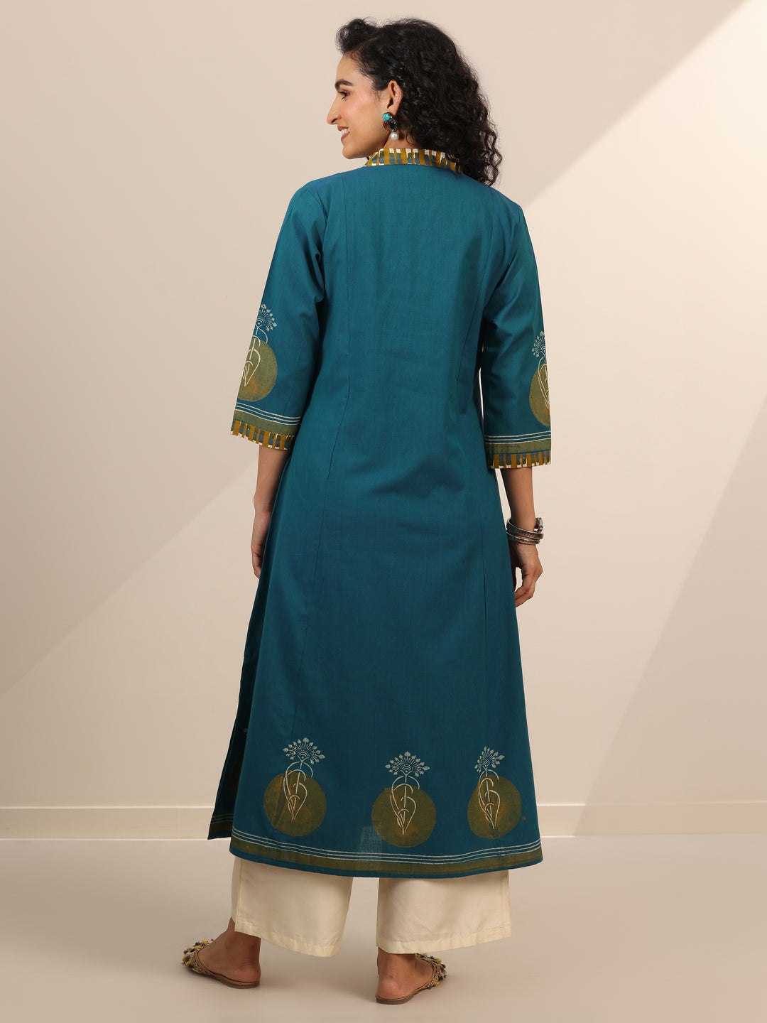 Teal Printed Cotton Blend A-Line Kurta