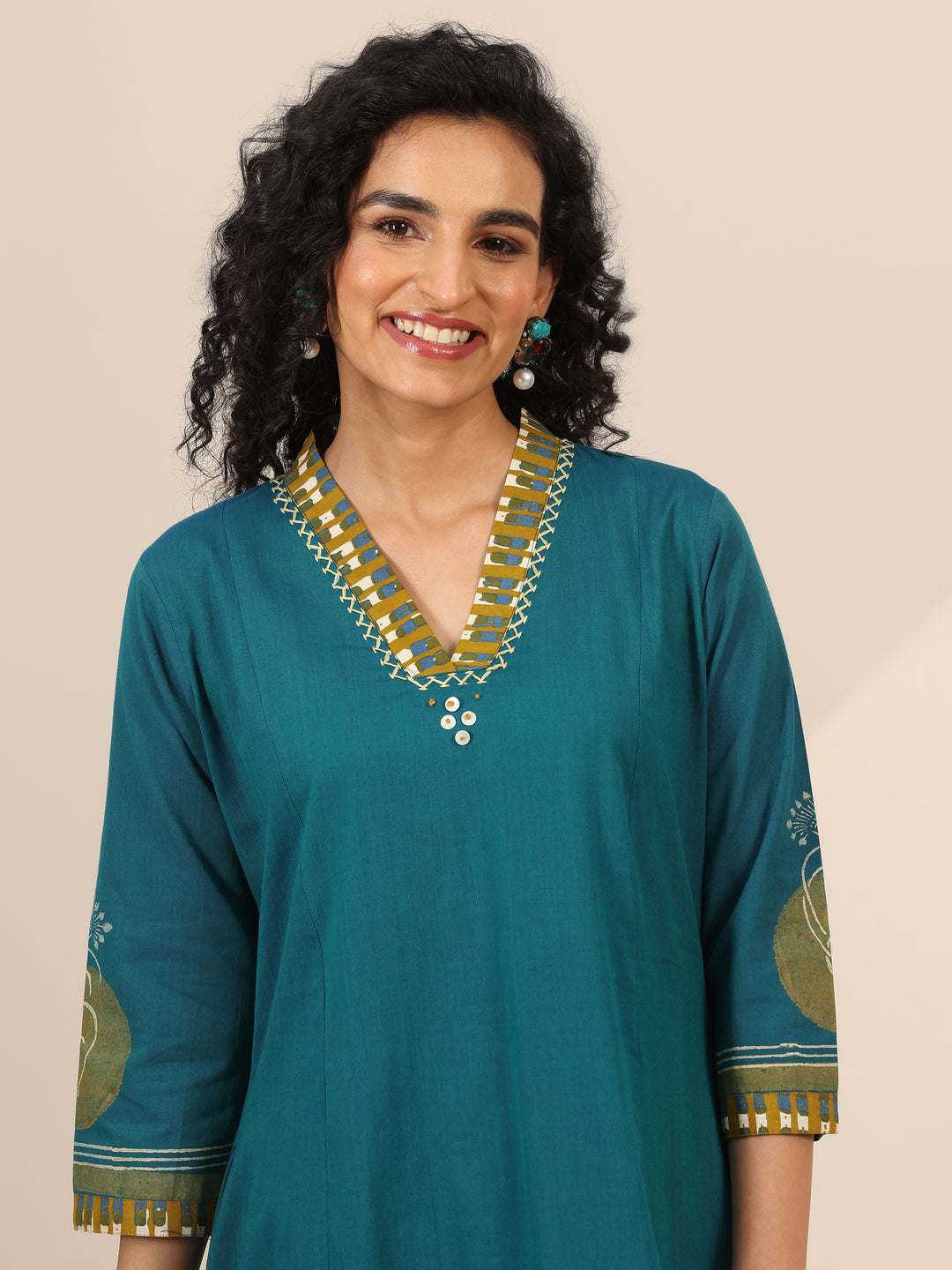 Teal Printed Cotton Blend A-Line Kurta