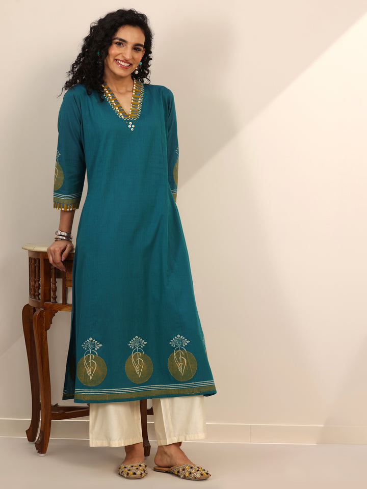 Teal Printed Cotton Blend A-Line Kurta
