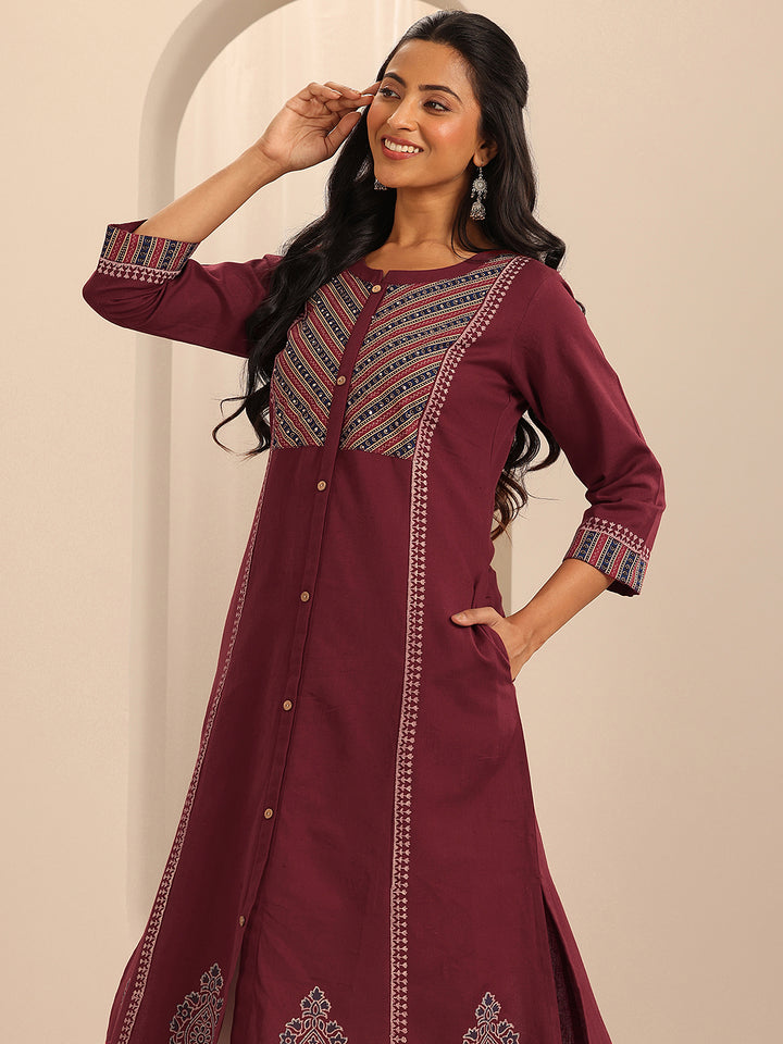 Maroon Printed Cotton Blend A-Line Kurta
