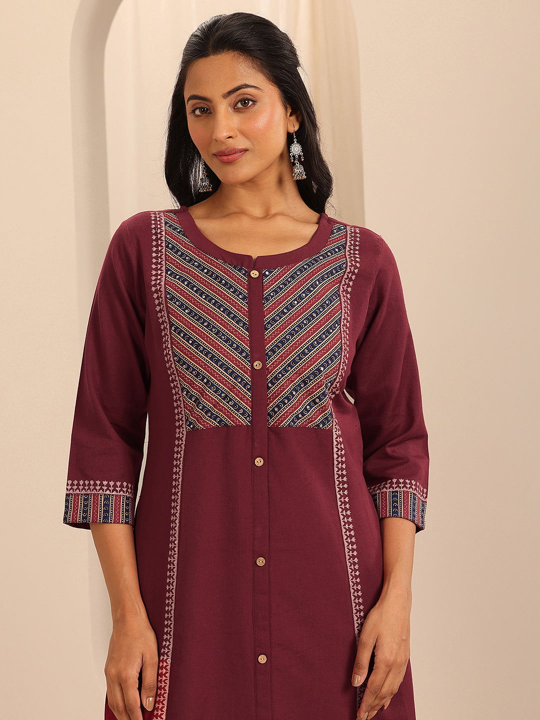 Maroon Printed Cotton Blend A-Line Kurta