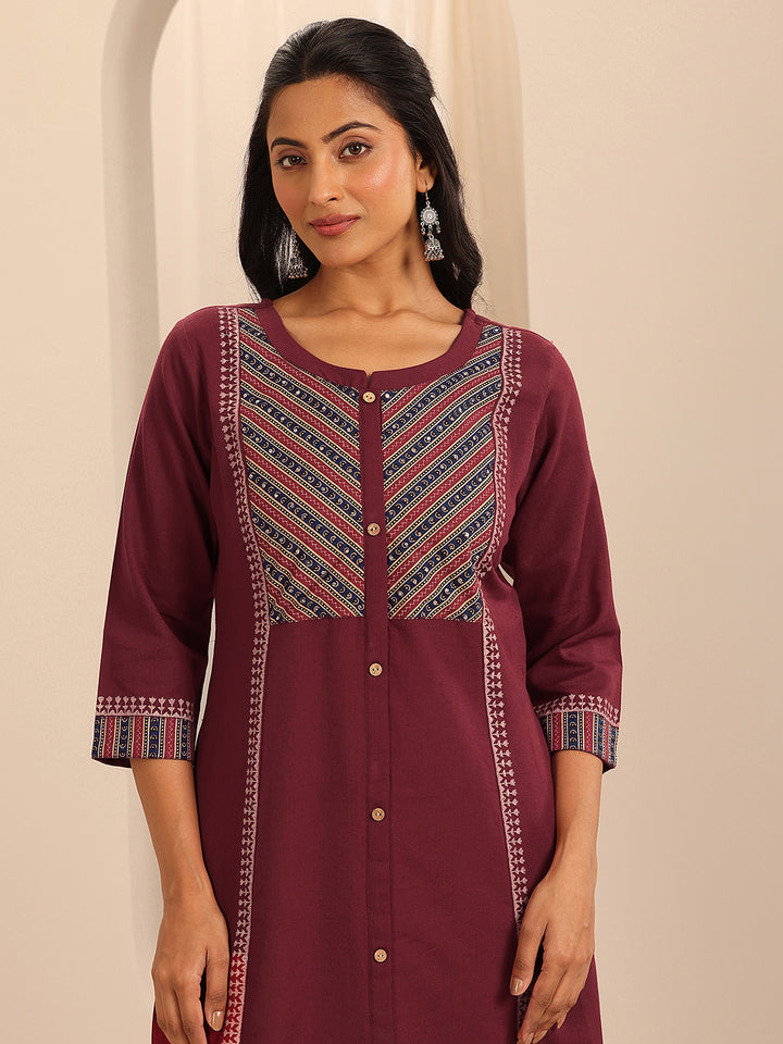 Maroon Printed Cotton Blend A-Line Kurta
